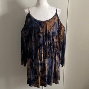 New VaVa by Joy Han Lady’s Boho Fringe Cold Shoulder Tie Dye Jersey Mini Dress